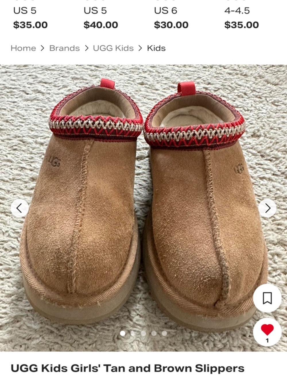 UGG Kids Tan Suede Slippers with Red Trim